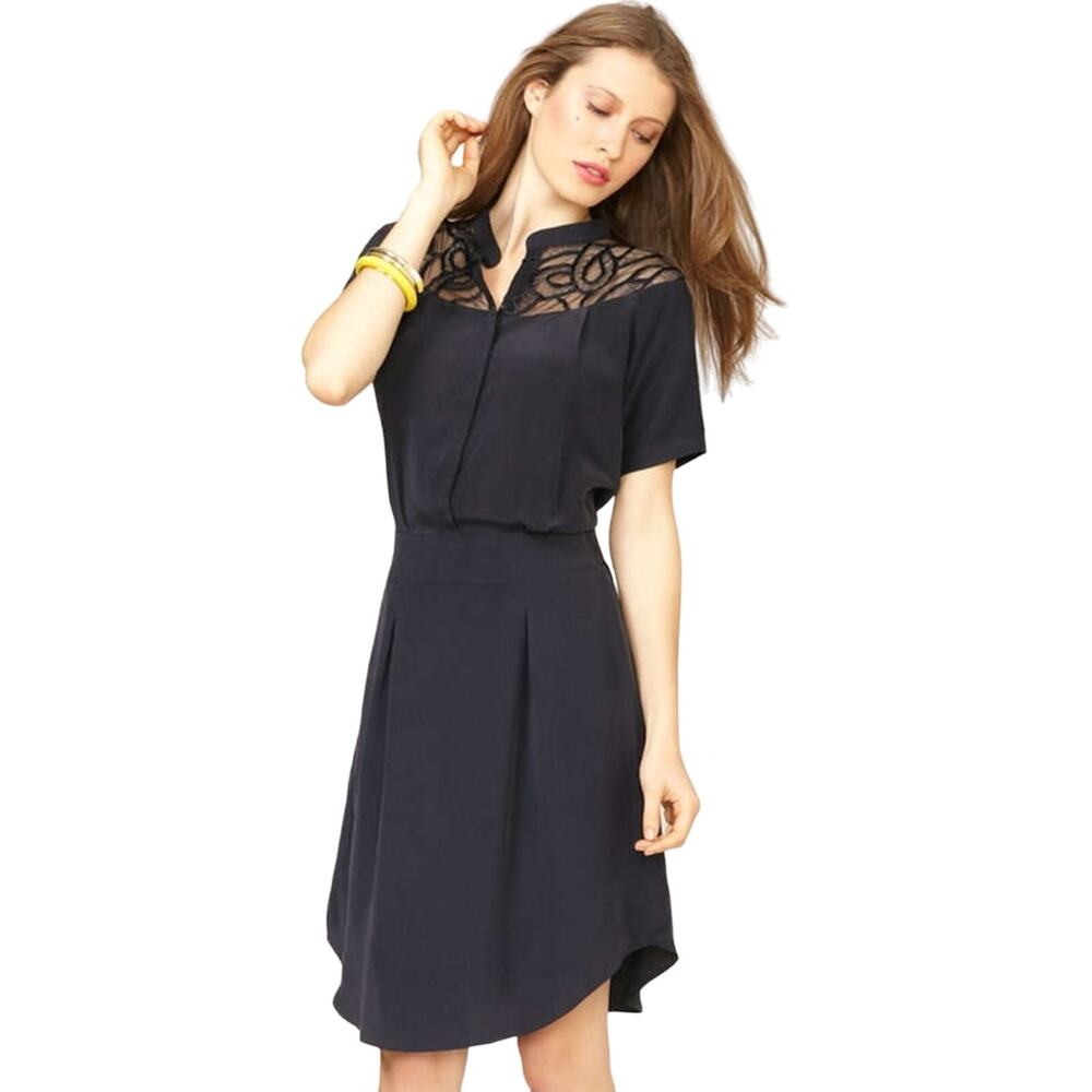 San & Soni Silk Sadi Embroidered Yolk Dress in navy, size L